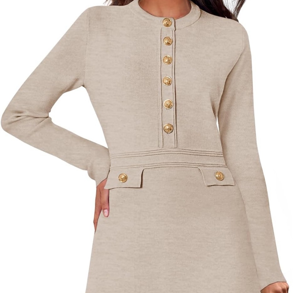Chic Beige Long Sleeve Dress with Gold Button Accents